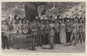Le Prince de Galles remettant les médailles commémoratives du jubilé aux troupes indiennes et coloniales au palais de Buckingham - English School
