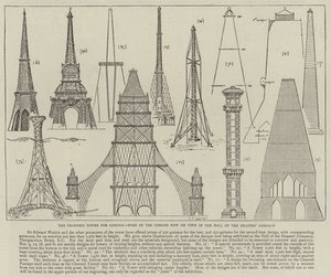 La tour proposée pour Londres, certains des designs actuellement exposés dans le hall de la Drapers