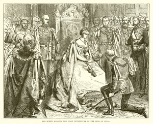 La reine tenant la première investiture de l