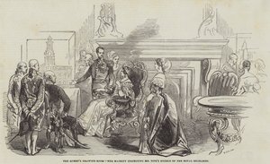 Le salon de la reine, Sa Majesté inspectant les modèles de M. Tite de la Bourse royale - English School