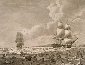 Le Racehorse et le Carcass forçant la glace, 10 août 1773, de A Voyage Towards the North Pole Undertaken by His Majesty