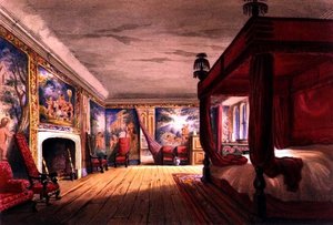La Chambre Rouge, Maison Cotehele, vers 1830-40 (lithographie en couleur) - English School