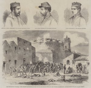 La révolution en Sicile, le bataillon anglais au pied de la tour ronde de la citadelle de Melazzo (gravure)