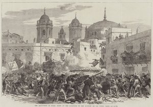 La révolution en Espagne, combat à la barricade dans le quartier de Los Vinas, Cadix (gravure) - English School