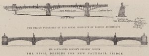Les designs rivaux pour le nouveau pont de Vauxhall (gravure) - English School