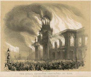 Le Royal Exchange, Londres, détruit par le feu dans la nuit du 10 janvier 1838 - English School