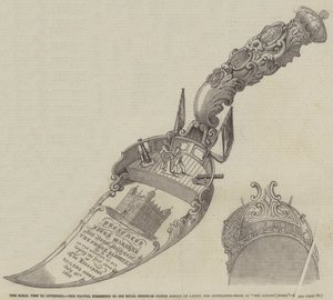 La visite royale à Liverpool, la truelle présentée à Son Altesse Royale le prince Albert lors de la pose de la première pierre de "La Maison des Marins" - English School
