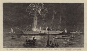 La régate du Royal Yacht Squadron à Cowes, le yacht "Osborne" du prince de Galles illuminé (gravure) - English School