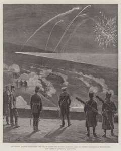 Les manœuvres militaires russes, le tsar observant la lumière de recherche électrique et le signalement de la fusée à Krasnoe-Selo (gravure) - English School