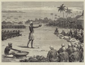 Les princes marins aux îles Fidji, incantation du Yangona, ou bol de Kava (gravure) - English School