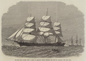 Le navire Glad Tidings, avec une cargaison de coton américain, entrant dans le port de Liverpool (gravure) - English School