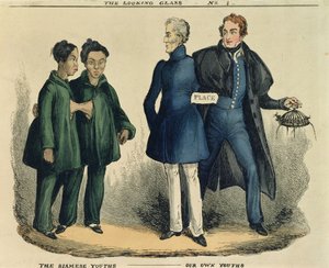 Les Jeunes Siamois - Nos Propres Jeunes, caricature satirique de The Looking Glass, vers 1829 - English School
