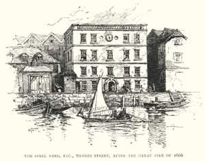 Le Steel Yard, etc., Thames Street, après le grand incendie de 1666 (gravure) - English School