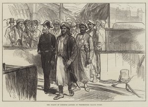 Le sultan de Zanzibar débarquant aux escaliers du palais de Westminster (gravure) - English School