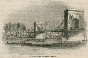 La régate de la Thames, bateaux sur le point de passer sous le pont de Hammersmith