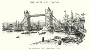 Le Tower Bridge depuis le quai de St Katharine (gravure) - English School
