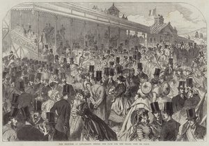 Les tribunes à Longchamps avant la course pour le Grand Prix de Paris (gravure) - English School