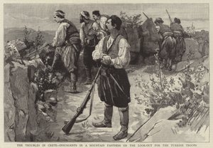 Les troubles en Crète, insurgés dans une forteresse de montagne guettant les troupes turques - English School