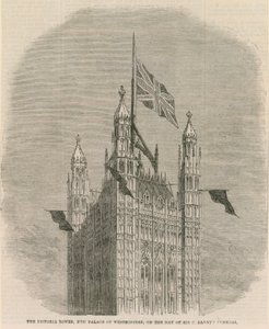 La tour Victoria, nouveau Palais de Westminster, le jour des funérailles de Sir C Barnet - English School