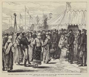 La guerre, les Roumains dansant la "Hora" devant le grand-duc Nicolas et le prince et la princesse de Roumanie - English School