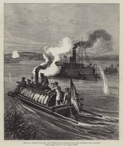 La guerre, canonnière russe et torpilleurs combattant les batteries près de Silistria - English School