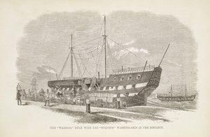 Le Hulk Warrior avec le navire de lavage au soufre au loin, extrait de The Criminal Prisons of London and Scenes of Prison Life par Henry Mayhew et John Binny, 1862