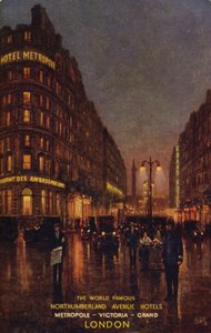 Les célèbres hôtels de Northumberland Avenue, Metropole, Victoria, Grand, Londres (lithographie couleur)