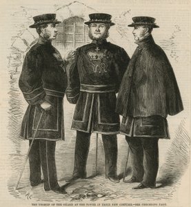 Les Yeomen de la Garde à la Tour dans leur nouveau costume - English School