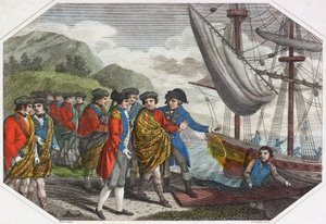 Le Jeune Prétendant après sa défaite à Culloden embarquant pour la France (gravure en couleur)