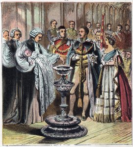 Le baptême du Prince de Galles, devenu le roi Édouard VII (1841-1910), en présence de ses parents, la reine Victoria 1ère (1819-1901) et le prince Albert de Saxe-Cobourg-Gotha - English School