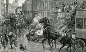 La bataille des rues de Londres - Ludgate Hill par un jour glissant - English School