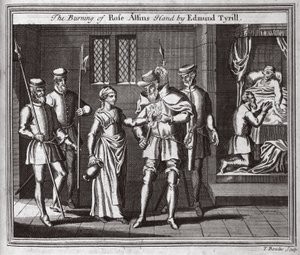 Le brûlage de la main de Rose Allins par Edmund Tyrill, illustration des Martyrs de Foxe vers 1703