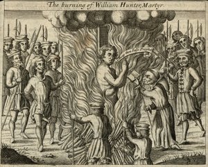 Le bûcher de William Hunter, martyr (gravure) - English School