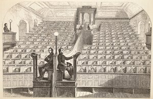 La chapelle, sur le système séparé, à la prison de Pentonville, pendant le service divin, illustration de The Criminal Prisons of London and Scenes from Prison Life par Henry Mayhew et John Binny, pub. 1862 - English School