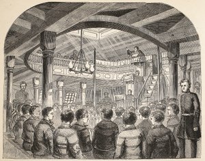 La chapelle des condamnés à bord du Defence hulk à Woolwich, illustration de The Criminal Prisons of London and Scenes from Prison Life par Henry Mayhew et John Binny, pub. 1862 - English School
