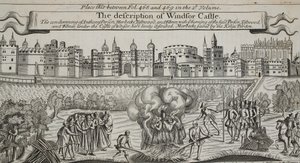 Description du château de Windsor, illustration des Actes et Monuments de John Foxe, neuvième édition, pub. 1684 - English School