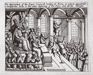 Description du concile des papes tenu à Rome, où apparut un hibou monstrueux, à la défiguration totale du pape et de tout son clergé, illustration des Actes et Monuments de John Foxe, neuvième édition - English School