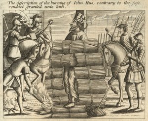 La description du bûcher de Jean Hus, contrairement au sauf-conduit qui lui avait été accordé (gravure)