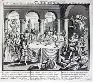 Le bal masqué diabolique, ou le festin des dragons joué par le Hell-Fire-Club, à Somerset House dans le Strand, vers 1721 - English School