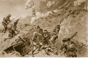 Les terribles creux qui menaient à Oppy Wood, les bombardiers britanniques travaillant le long des tranchées allemandes, 1914-19 - English School
