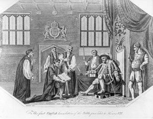La première traduction anglaise de la Bible présentée à Henri VIII, 1824 - English School