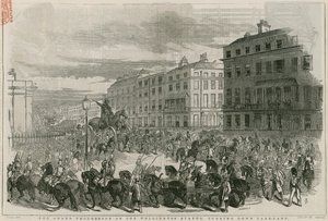 La grande procession de la statue de Wellington tournant dans Park Lane - English School