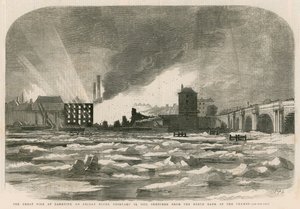 Le grand incendie à Bankside le vendredi soir, 14 février 1855, esquissé depuis la rive nord de la Tamise - English School