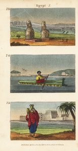 Les grandes ruines des colosses de Memnon à Louxor en Égypte du Sud, radeau de cruches en terre cuite sur le Nil et femmes portant des cruches d