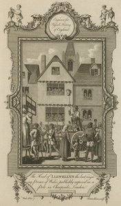 La tête de Llewellyn, le dernier prince régnant du Pays de Galles, exposée publiquement sur un poteau à Cheapside, Londres - English School