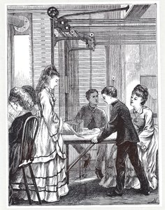 Les instruments pour transmettre des messages au siège du télégraphe de la poste, Telegraph Street, Londres, du Graphic, 1871 - English School