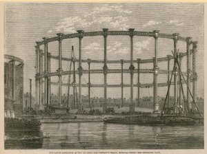 Le grand réservoir de gaz aux travaux de la Imperial Gas Company, Bethnal Green, Londres