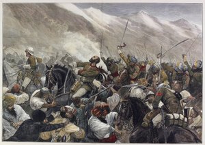 La dernière guerre afghane : Mort du Major Wigram Battye dans la bataille de Futtehabad le 30 avril (gravure en couleur) - English School