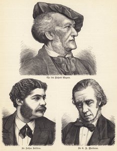 Feu Richard Wagner, Sir Arthur Sullivan, Sir G A Macfarren (gravure) - English School