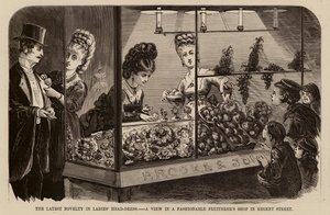 La dernière nouveauté en coiffure féminine, une vue dans une boutique de fruits à la mode de Regent Street - English School